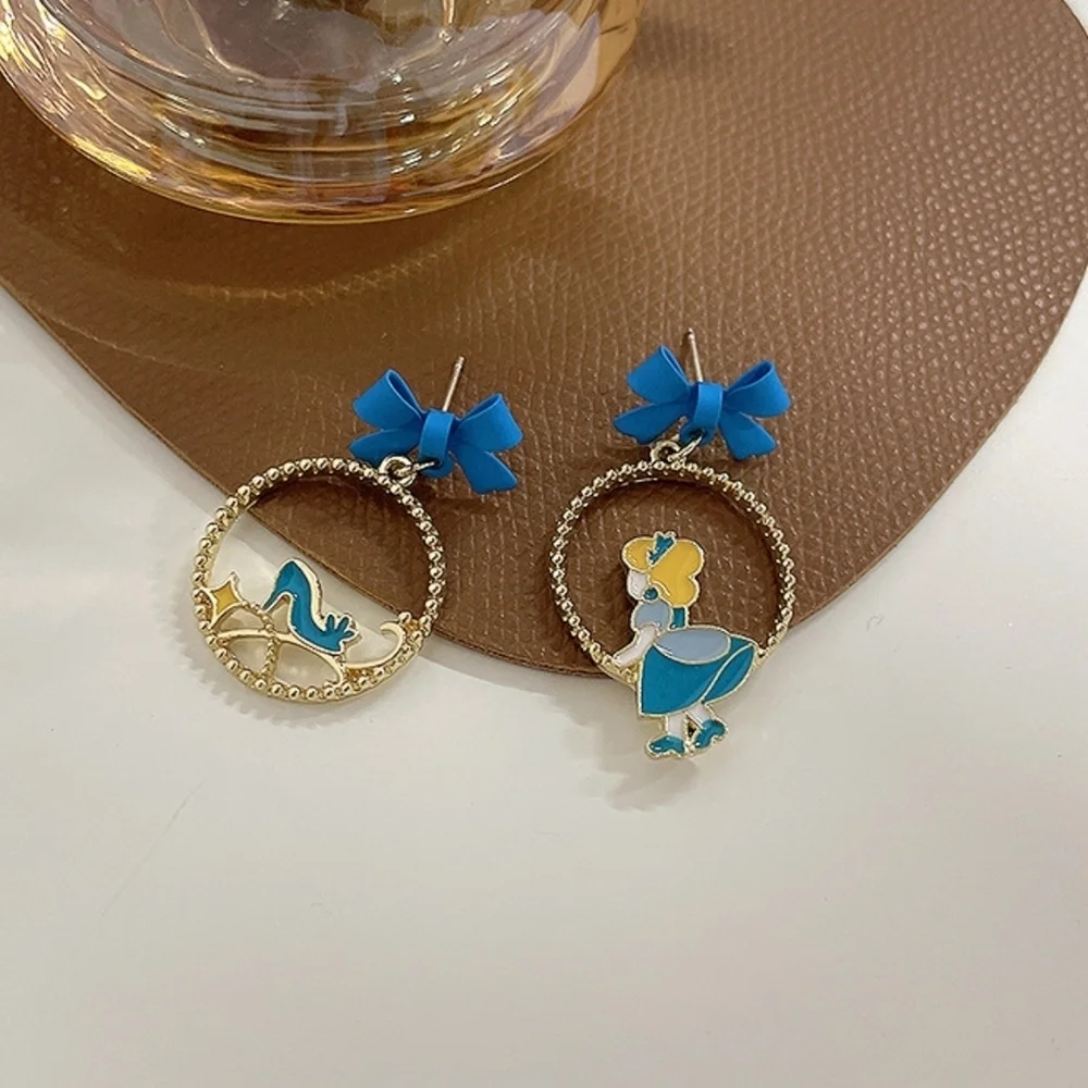 Disney Style Cinderella Drop Earrings Blue Bow & Glass Slipper Dangles